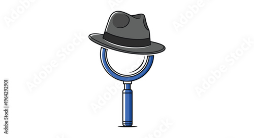 Mysterious detective concept vector graphic illustration showing a fedora hat atop a magnifying glass tool