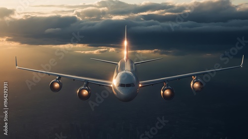 Airplane flying through sunset clouds, commercial aircraft in flight, silver plane soaring through sky, aerial view of jet