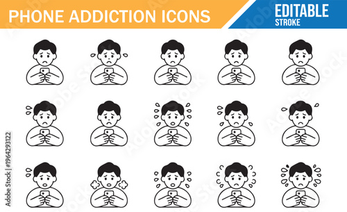 Screen time addiction icons set minimal people doodle vector design
