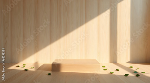 Serene wooden stage bathed in warm sunlight with scattered green leaves, perfect for product display or minimalist scenes