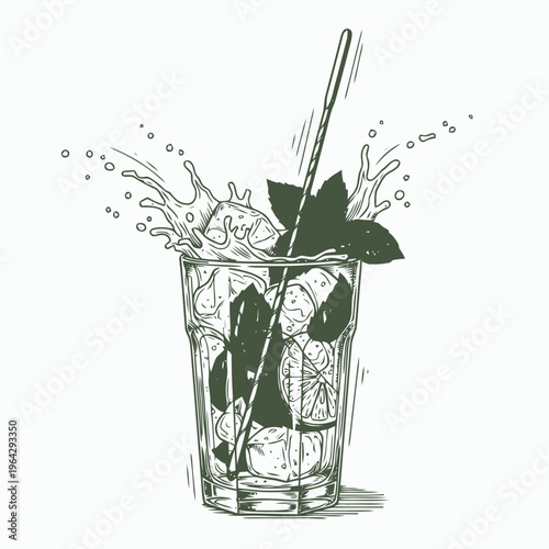 Hand-drawn refreshing mojito cocktail illustration with vibrant mint and lime splashing in a chilled glass, perfect for summer menus and tropical beverage designs