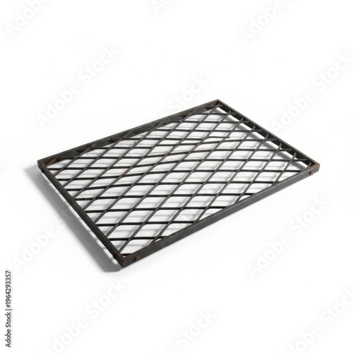 Industrial Metal Grating Isolated on White Background: Heavy Duty Steel Expanded Metal Mesh Panel for Construction, Safety Flooring, and Architectural Design Concepts