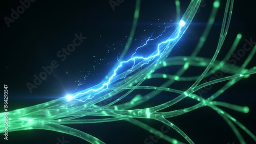 Dynamic electrical current energizing luminous fiber optic cables, illustrating the rapid flow of digital information and advanced technological connectivity