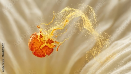 Vibrant orange fruit segment dissolving into a cloud of golden particles, an abstract macro display of ephemeral energy and natural transformation