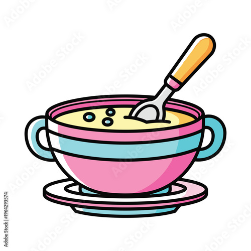Cute Bowl of Soup with Spoon, Kawaii Food Illustration
