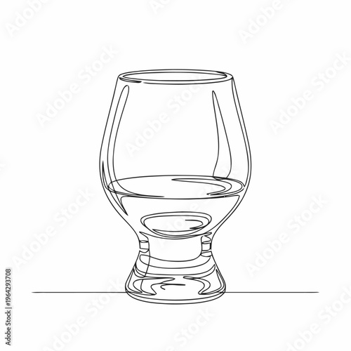 Elegant continuous line art drawing of a sophisticated whiskey tasting glass containing a pour of amber spirit, ideal for modern beverage branding and bar design concepts