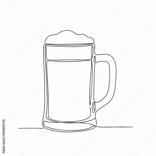 Elegant Hand Drawn Continuous Line Art Illustration of a Full Beer Mug with Frothy Head for Drink Menus or Bar Themes
