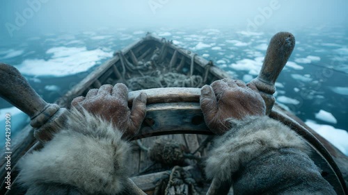 Person in gloves paddling wooden kayak through cracked sea ice, cold misty environment, from first person perspective, concept of survival and arctic adventurism