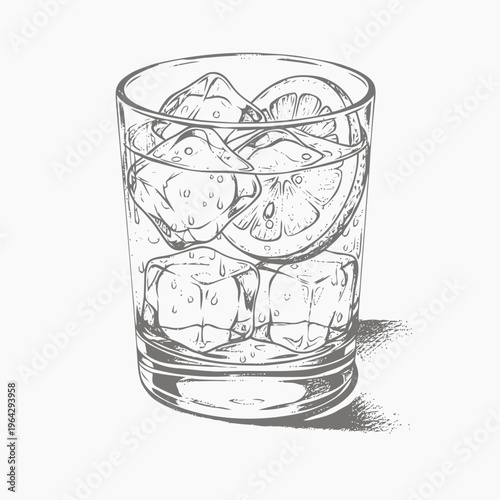 Detailed hand-drawn illustration of a refreshing cold beverage served in a glass, featuring numerous ice cubes and a citrus slice for a cool, invigorating look