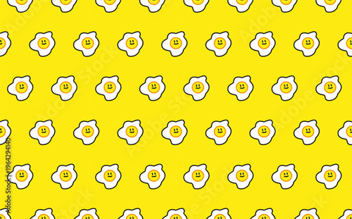 Cheerful seamless background pattern depicting happy, smiling broken eggshell halves scattered across a warm, sunny yellow field. A quirky and joyful design perfect for breakfast-themed kitchen decor,
