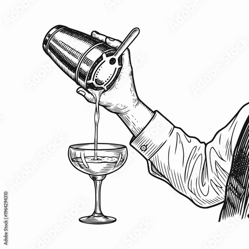 Hand-drawn illustration of a bartender's hand pouring a crafted cocktail from a shaker into a stemmed glass, symbolizing skillful beverage preparation and mixology