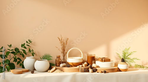 Beautifully arranged natural elements and skincare products bathed in soft, warm sunlight, creating a serene and inviting aesthetic