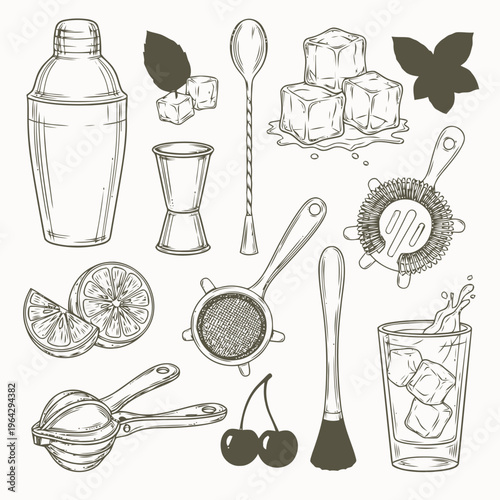 Comprehensive Hand-Drawn Collection of Essential Bartending Tools and Fresh Ingredients for Crafting Delicious Cocktails and Festive Party Beverages, Ideal for Graphic Design Projects