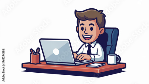 Smiling businessman working on a laptop at his desk modern office illustration for business and technology concepts isolated on white