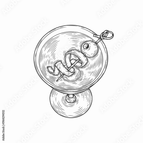Elegant hand-drawn martini cocktail glass illustration with olive and lemon peel twist, viewed from above, a classic vintage sketch perfect for bar menus and beverage designs