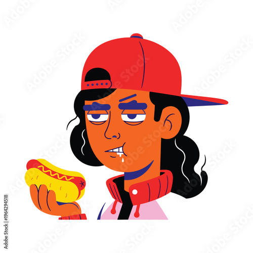Streetwear Kid with Hot Dog, Funky Cartoon Style