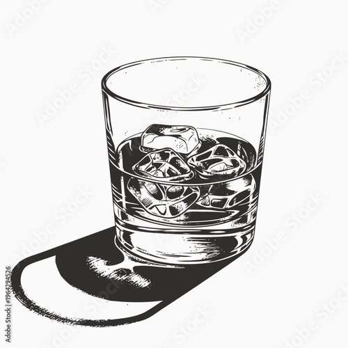 Artistic hand-drawn sketch of a refreshing chilled beverage in a clear glass tumbler, filled with ice cubes and a prominent cast shadow, ideal for sophisticated designs