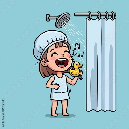 Little girl singing in the shower with rubber duck
