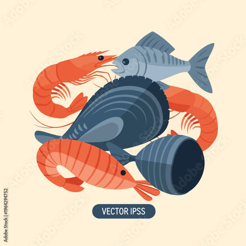 Seafood vector illustration with shrimp and fish