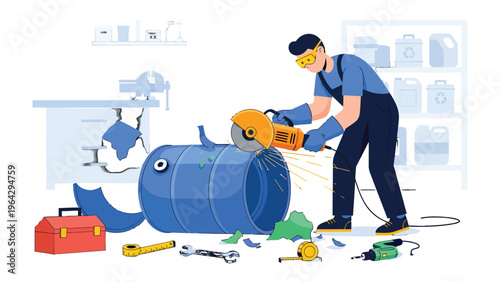 Worker with Grinder: A focused worker, clad in protective gear, uses a grinder to cut through a metal object within a workshop, demonstrating precision and expertise.