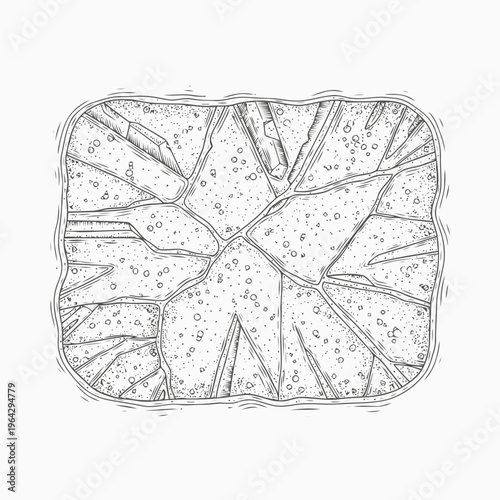 Hand-drawn illustration of a cracked rectangular object with an abstract, fractured pattern, reminiscent of ice or broken glass, outlined with a sketched border