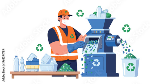 Recycling for Tomorrow: An illustration of a worker safely operating recycling machinery, turning plastic waste into reusable resources, symbolizing eco-consciousness and sustainable practices.
