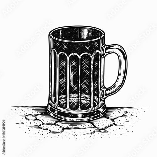 Quadro su tela Rustic Hand-Drawn Empty Beer Mug Illustration on Cracked Earth, Evoking a Sense