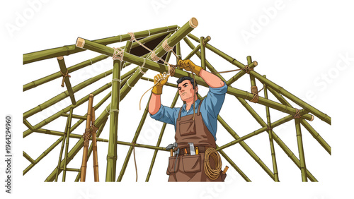 Crafting Shelter: A diligent craftsman meticulously constructs a bamboo structure, showcasing expertise in traditional building techniques.