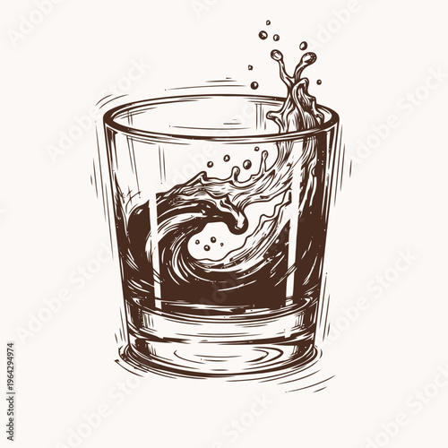 Hand-drawn illustration of a splash in a whiskey glass, capturing a dynamic liquid motion
