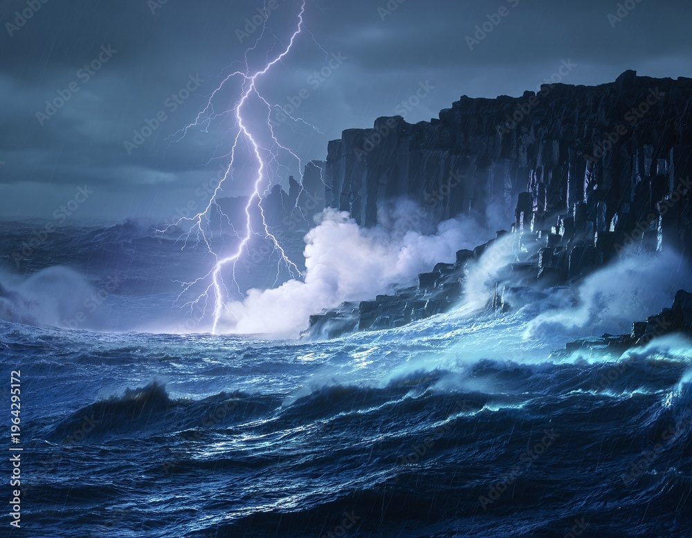 Naklejka premium Powerful lightning strike illuminates a stormy ocean with massive waves crashing against jagged cliffs. This cinematic image captures the raw energy and drama of natures untamed fury.