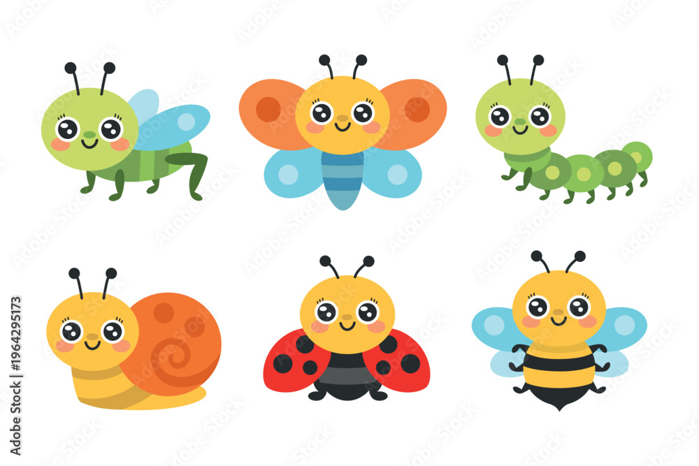 Fototapeta premium vector insects set for kids including butterfly, bee, ladybug, caterpillar, snail and grasshopper. Flat vector bug characters perfect for nursery decor, worksheets, flashcards and preschool lear