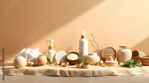 Serene collection of natural skincare and organic wellness products, elegantly displayed in minimalist containers with earthy tones, bathed in soft light, promoting a sustainable self-care ritual
