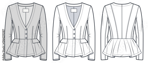 Women Peplum Jacket Fashion Flat Technical Drawing Template Featuring Deep V Neck Long Sleeves, Fitted Waist, Flap Pockets and Front Back Views.