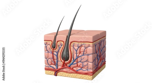 Anatomy of human skin with hair follicles and blood vessels visible