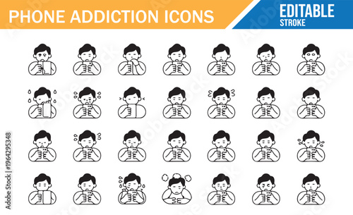 Smartphone addiction outline icons collection screen time habit vector set
