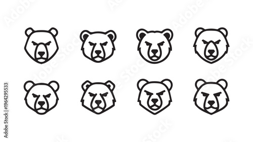 Bear Head Icons Set Minimalist Line Art Vector Graphics Animal Faces Collection