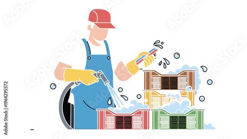 Hygiene in industry: A worker washes crates in a factory setting, symbolizing commitment to sanitation and food safety. This scene represents rigorous hygiene measures crucial in food processing.