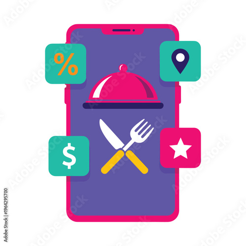 Food Delivery App Icons: Mobile, Food, Location, Discount, Star, and Money