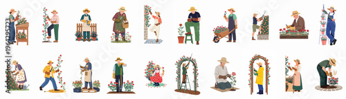 Quadro su tela Diverse Collection of People Gardening and Pruning Rose Bushes Using Various Tools in Garden Settings, Set of Flat Vector Illustrations on White
