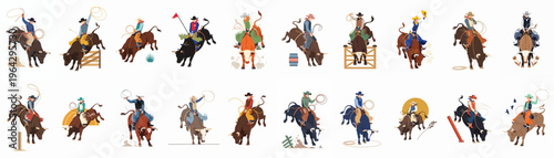 Collection of various flat vector illustrations featuring cowboys riding bucking bulls in a rodeo setting, showcasing multiple dynamic poses and colorful character designs.
