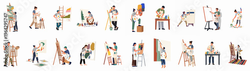 A comprehensive set of flat-style illustrations featuring diverse male and female artists painting on various canvases in different creative poses.