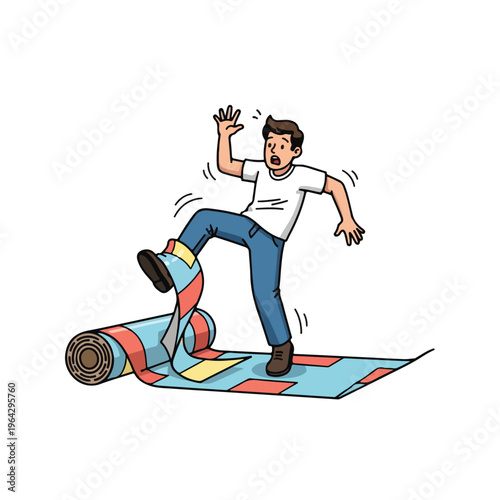 Man slipping on a rolled up mat or carpet losing balance