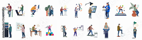 Comprehensive collection of flat vector illustrations depicting diverse IT professionals, software developers, and web designers working in modern technology environments.