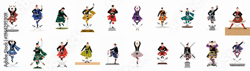 Collection of flat vector illustrations depicting traditional Scottish Highland dancers in various poses and colorful kilts, including the iconic sword dance.