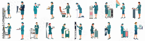 Vector Flat Illustration Collection of Female Flight Attendants Serving Food and Drinks on an Airplane
