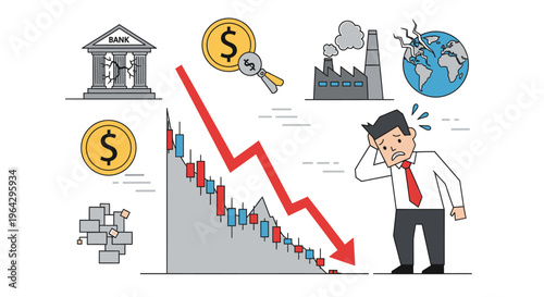 A worried businessman looks at a declining financial graph with falling money and industrial icons around him in a city.