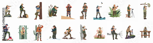 Collection of wildlife photographers and researchers in camouflage gear, capturing nature and animals across diverse environments, from deserts to snowy forests.