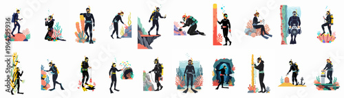 Comprehensive Set of Flat Illustrations Featuring Scuba Divers Engaging in Various Underwater Activities and Marine Exploration Tasks