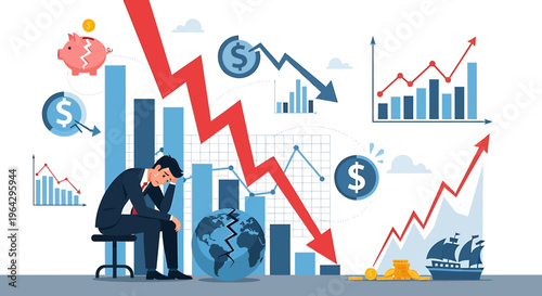 A man in a suit sits on a stool next to a globe amidst various graphs and charts with arrows indicating a downturn.