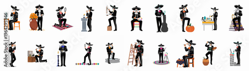 Collection of characters in Mexican mariachi costumes applying sugar skull makeup and painting for the Dia de los Muertos celebration.